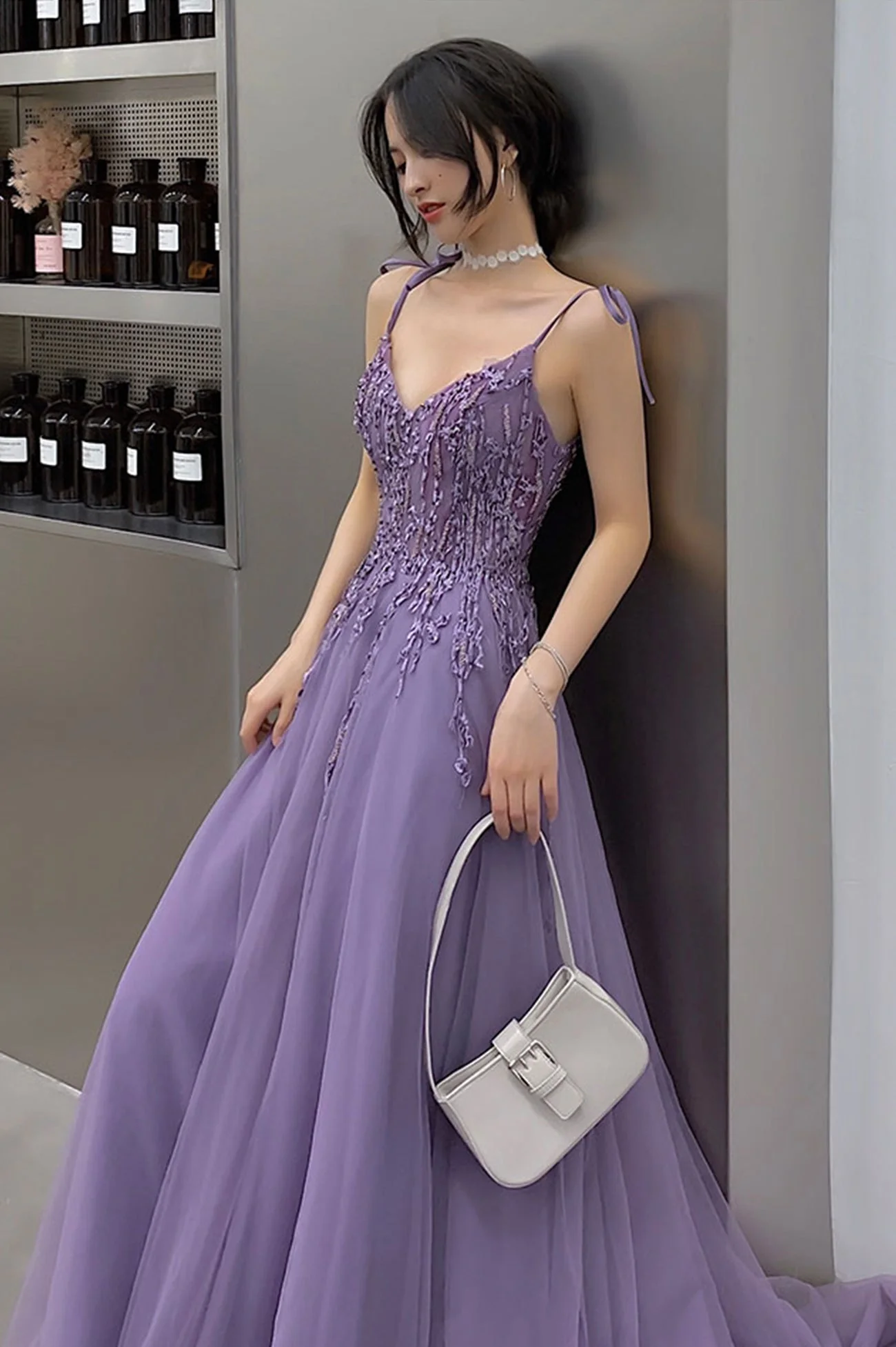 solvbao Purple Lace Long Prom Dresses, A-Line Purple Evening Graduation Dresses - Deanwangkt