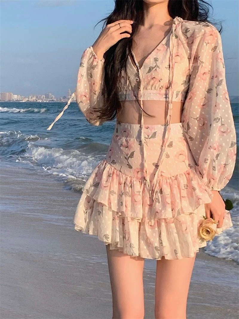 deanwangkt Spring Summer Sweet Two Piece Set Sexy Backless Shirt Crop Top + Cake Skirt Suits Floral Chiffon Boho Beach Outfits  Fairy Dress  For Women - Deanwangkt