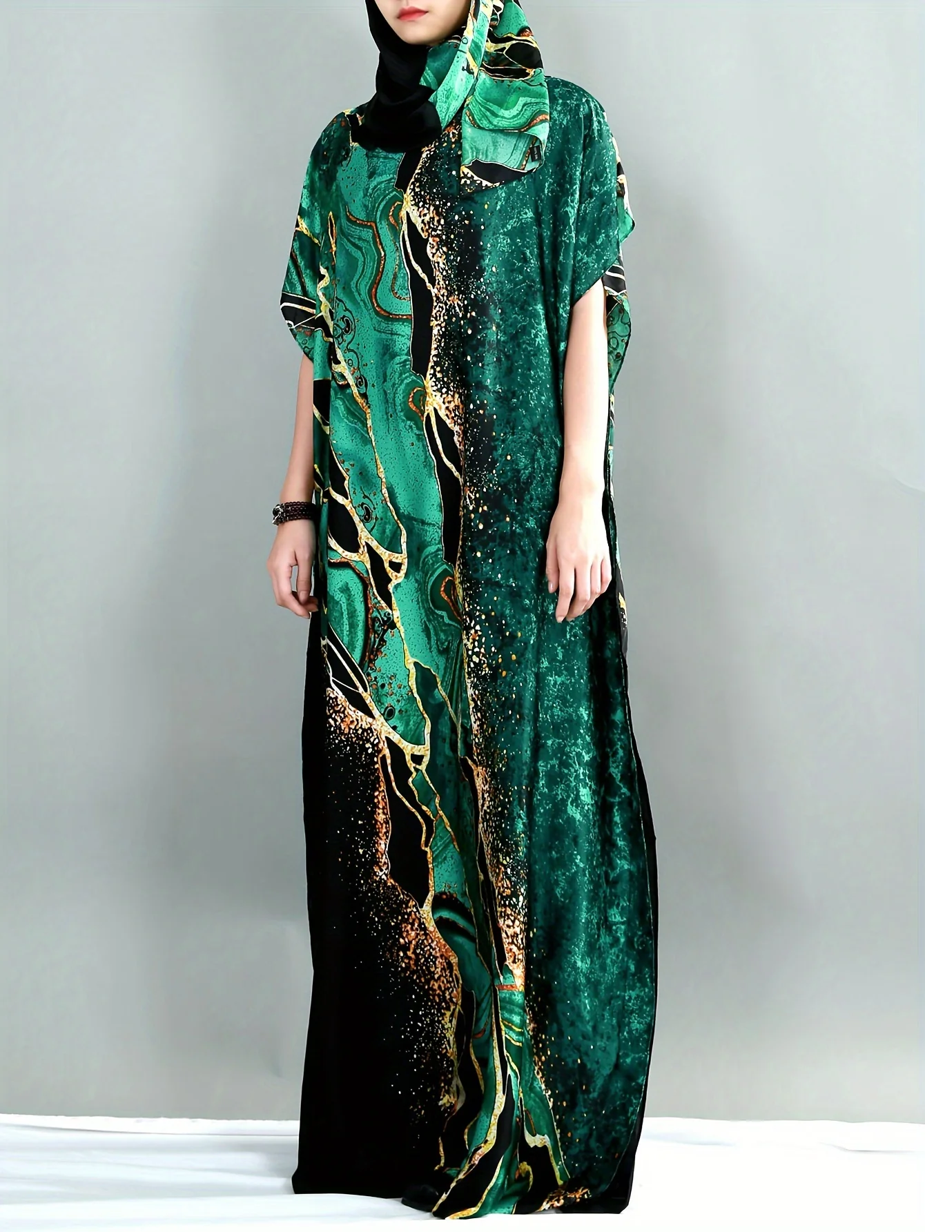 Graphic Print Crew Neck Kaftan Abaya, Modest Batwing Sleeve Maxi Dress, Women's Clothing - Deanwangkt