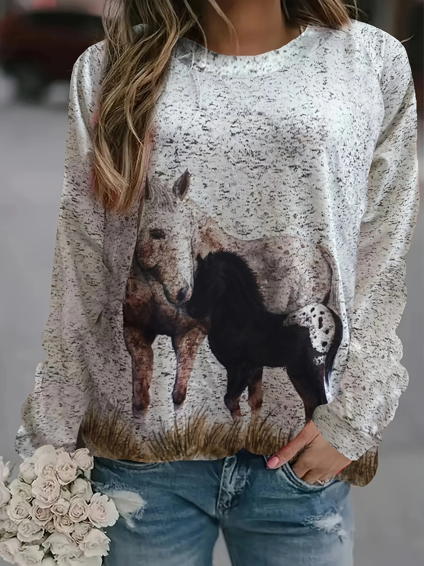 Horse Head Print Pullover Sweatshirt, Casual Long Sleeve Crew Neck Sweatshirt For Fall & Winter, Women's Clothing - Deanwangkt