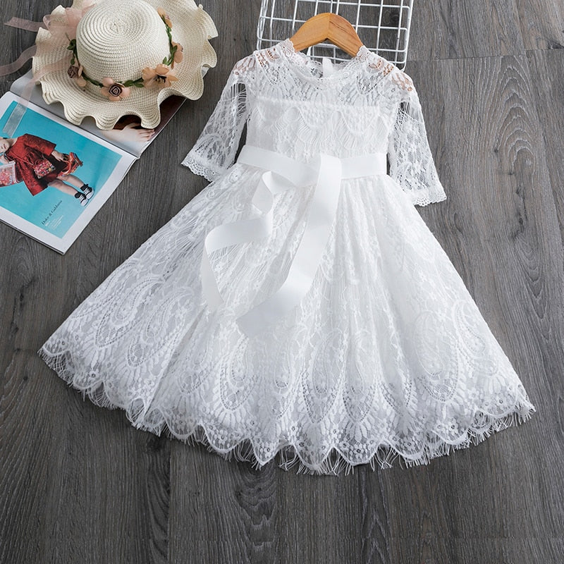 deanwangkt Elegant Flower Girls Dress Wedding Party Princess Dress Casual Kids Clothes Lace Long Sleeves Dress Children's Vestidos For 3-8T - Deanwangkt