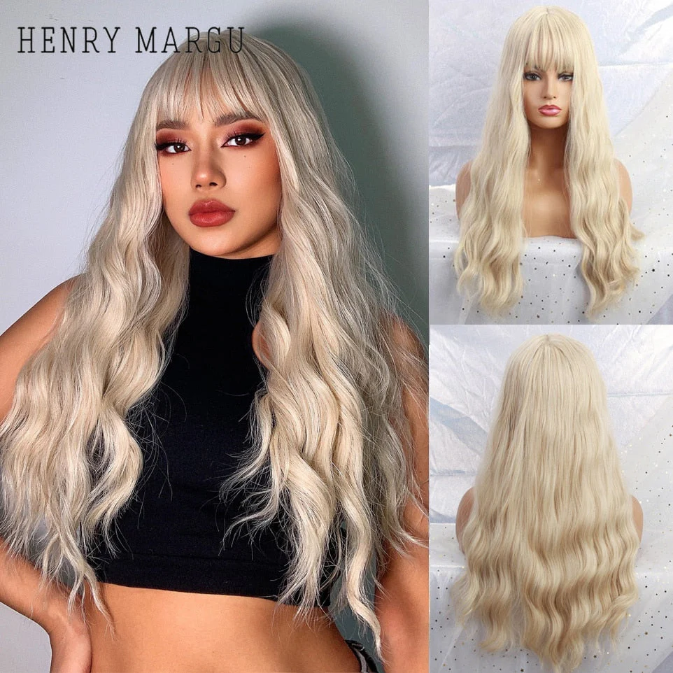 Pure Blonde Synthetic Hair Wigs Long Water Wave Wig for Women Colored Cosplay Lolita Wig with Bangs Heat Resistant - Deanwangkt