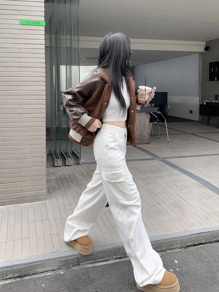 deanwangkt Loose Denim Cargo Pants Mujer Casual High Waist Pocket Mom Jeans Women  Spring Summer White Baggy Woman Jeans - Deanwangkt