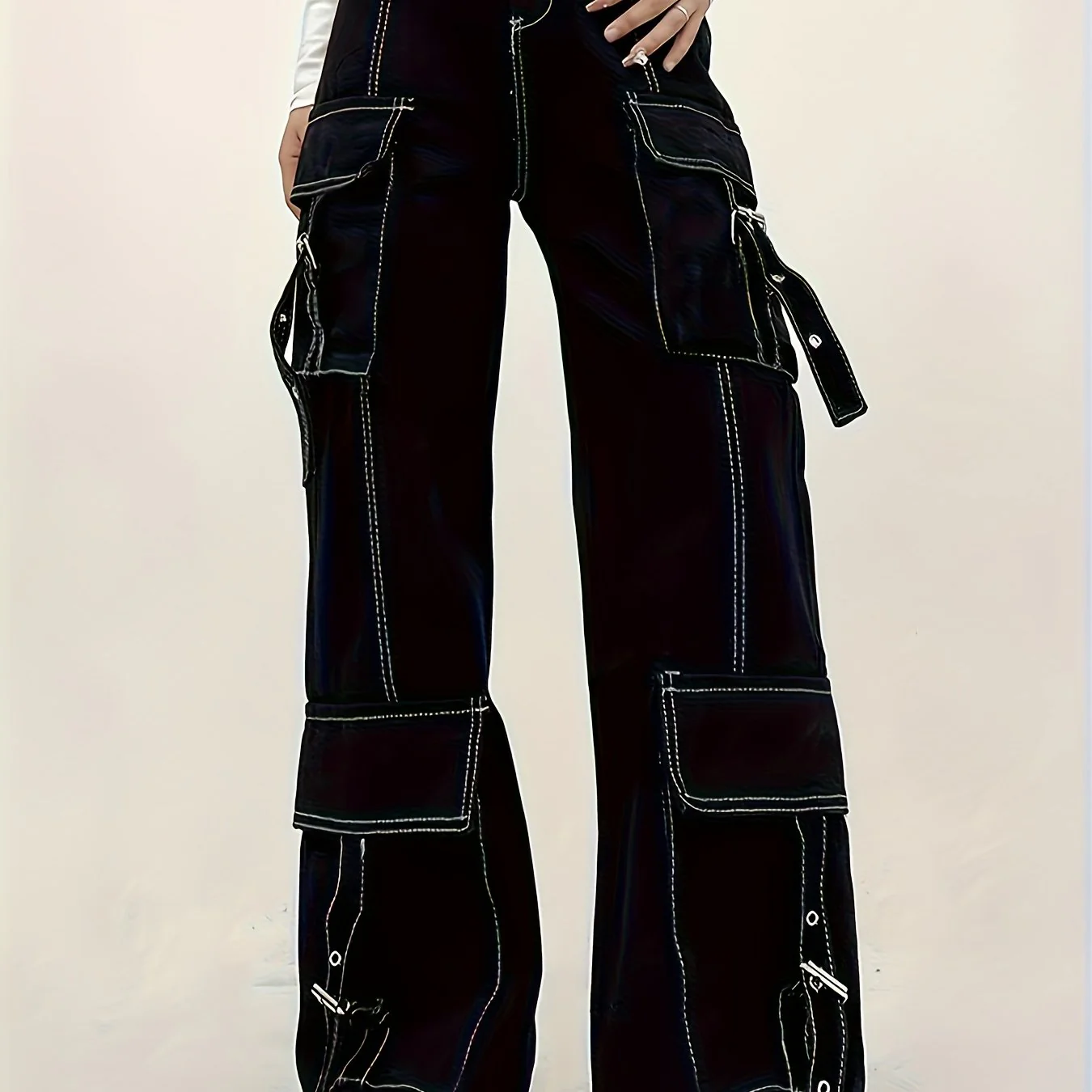 deanwangkt-1 Flap Pockets Chic Cargo Pants, Loose Fit Non-Stretch Wide Legs Jeans, Women's Denim Jeans & Clothing - Deanwangkt