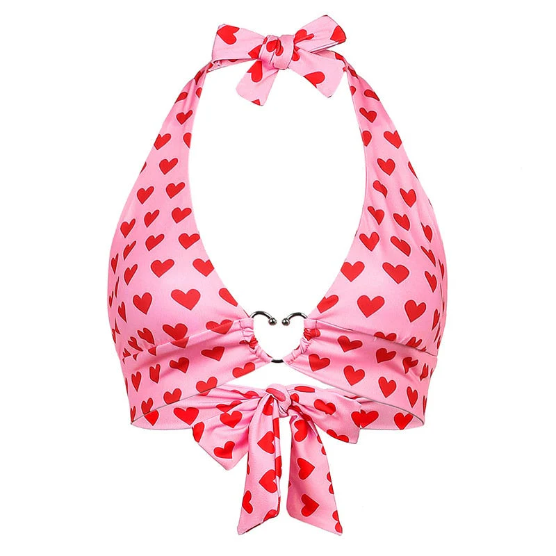 deanwangkt  Pink Heart Print Cute Bustier Crop Top Women Aesthetic Kawaii Clothes Sleeveless Backless Lace Up Bralette Camisole - Deanwangkt