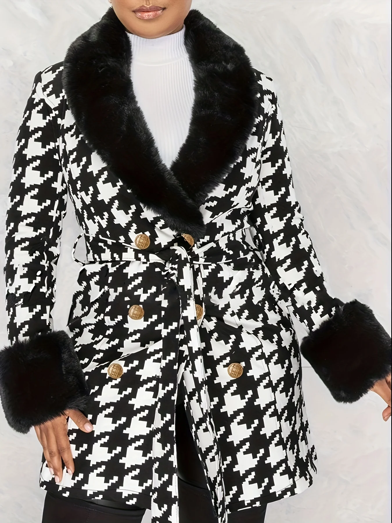 Houndstooth Faux-Fur Trim Outwear, Elegant Double Breasted Long Sleeve Belted Coat For Winter, Women's Clothing - Deanwangkt