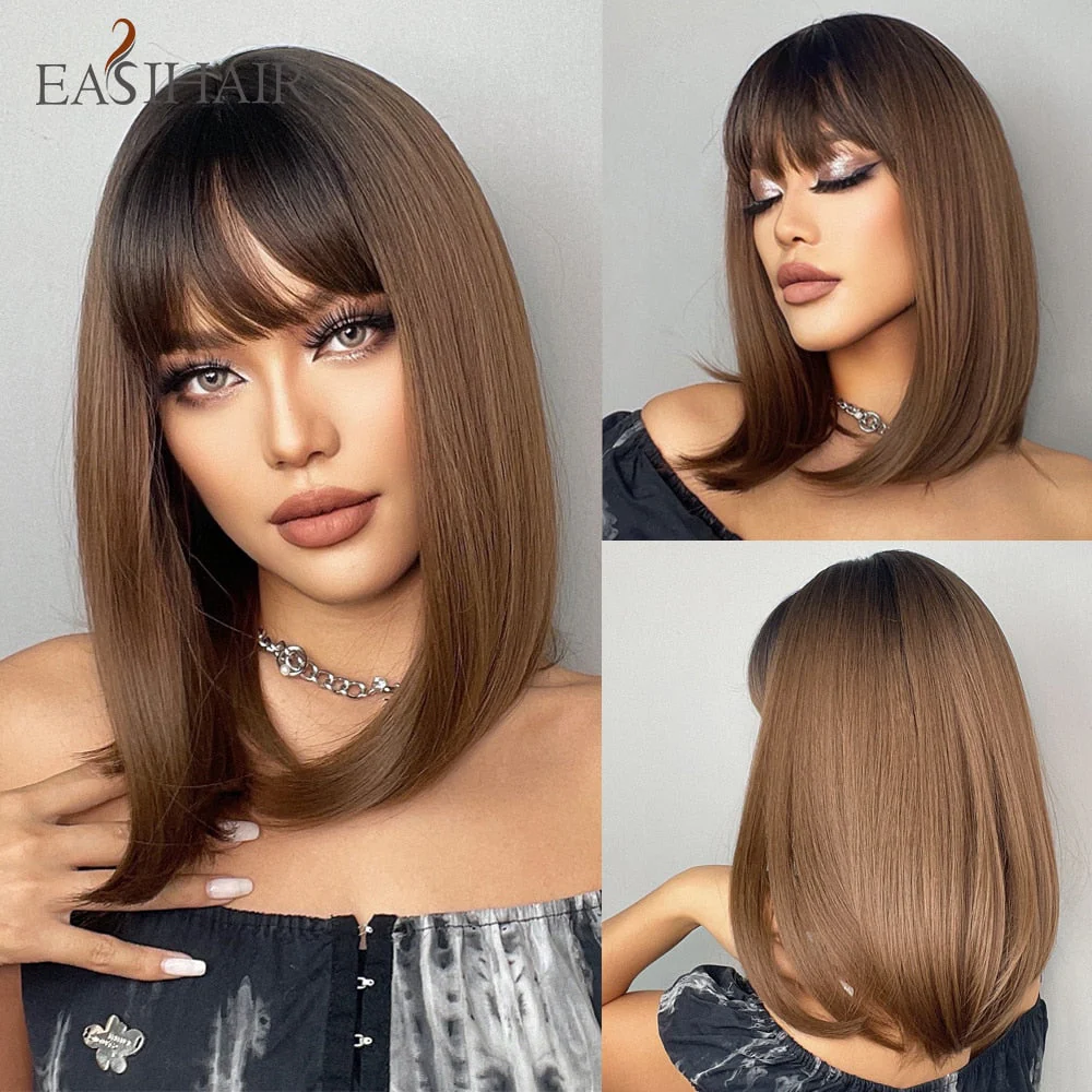 deanwangkt  Short Straight Bob Wigs With Bang Golden Brown Natural Synthetic Hair For Women Daily Cosplay Heat Resistant Fiber Wigs - Deanwangkt