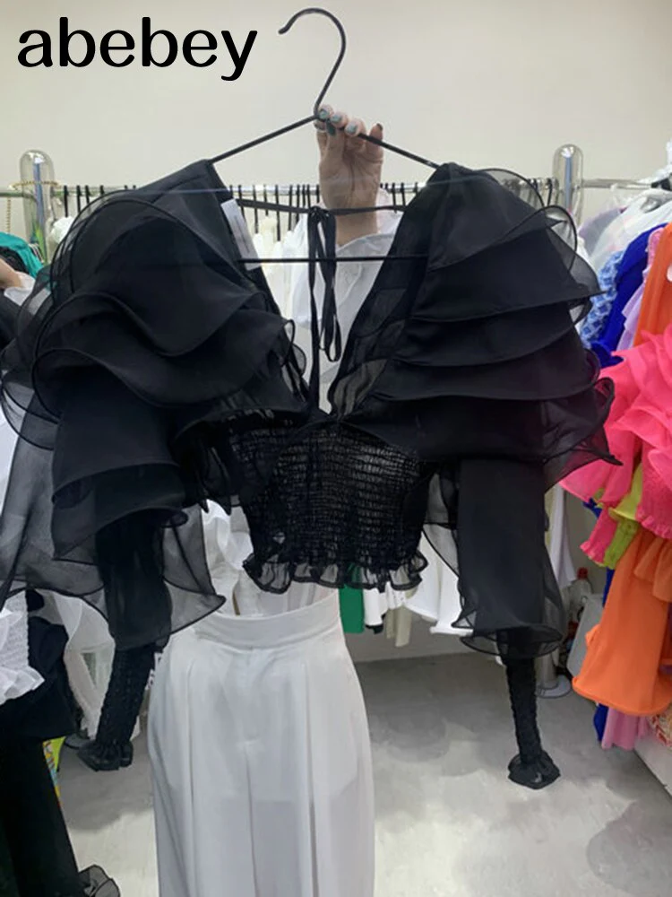 deanwangkt Slim Solid Patchwork Ruffles Lace Up Blouses For Women Deep V Neck Loose Long Sleeve Female  Spring New - Deanwangkt