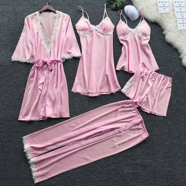 deanwangkt 4 Pieces  Women Pajamas Sets Satin Sleepwear Silk Nightwear Pyjama Soild Strap Lace Sleep Lounge Pijama With Chest Pads - Deanwangkt