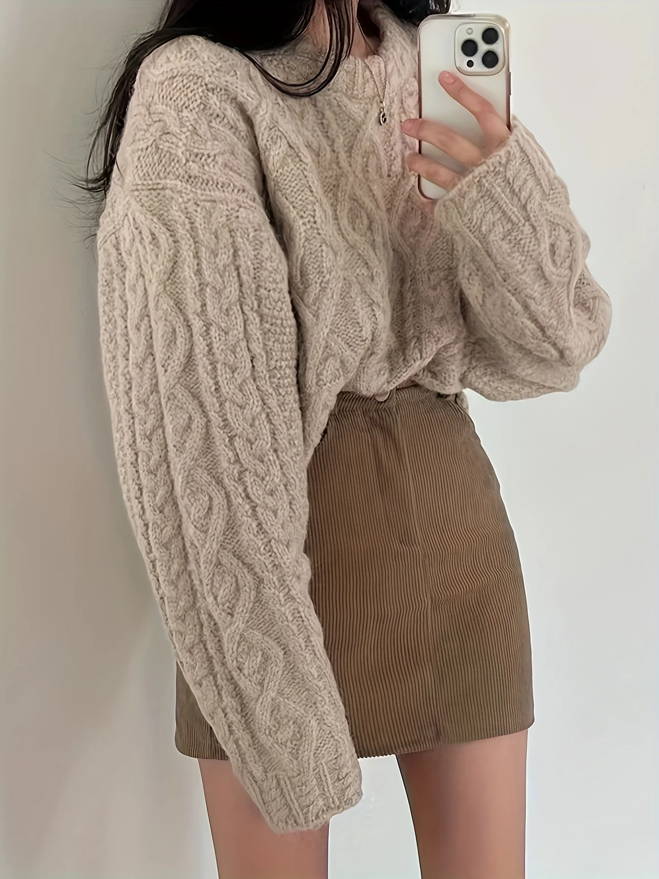 deanwangkt  Cable Knit Drop Shoulder Sweater, Vintage Long Sleeve Sweater For Fall & Winter, Women's Clothing - Deanwangkt