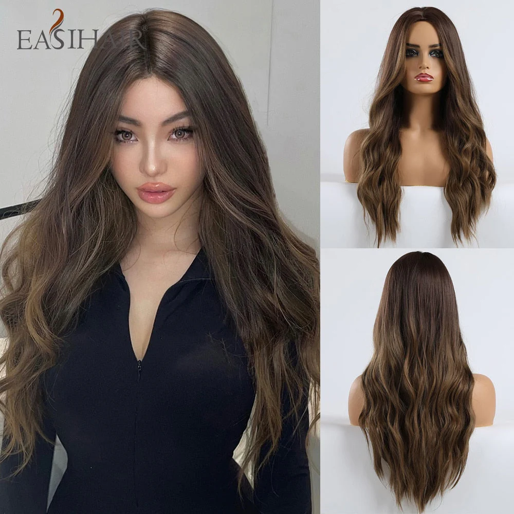 deanwangkt  Long Body Wave Wigs Ombre Black Brown Blonde Synthetic Wig Cosplay Middle Part Natural Heat Resistant Wig For Women - Deanwangkt