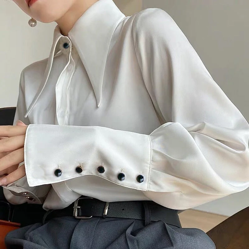 deanwangkt Autumn Vintage Satin Silk Women Shirt Elegant Turn Down Collar Woman Blouse White Long Sleeve Ladies Shirts Tops Blusas 16946 - Deanwangkt