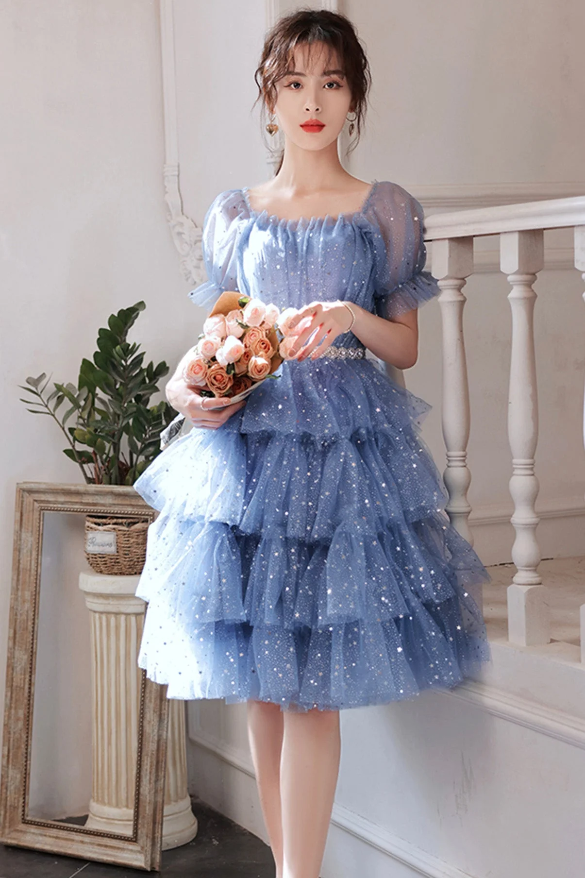 solvbao Blue Tulle Short A-Line Prom Dresses, Blue Mini Party Dresses - Deanwangkt