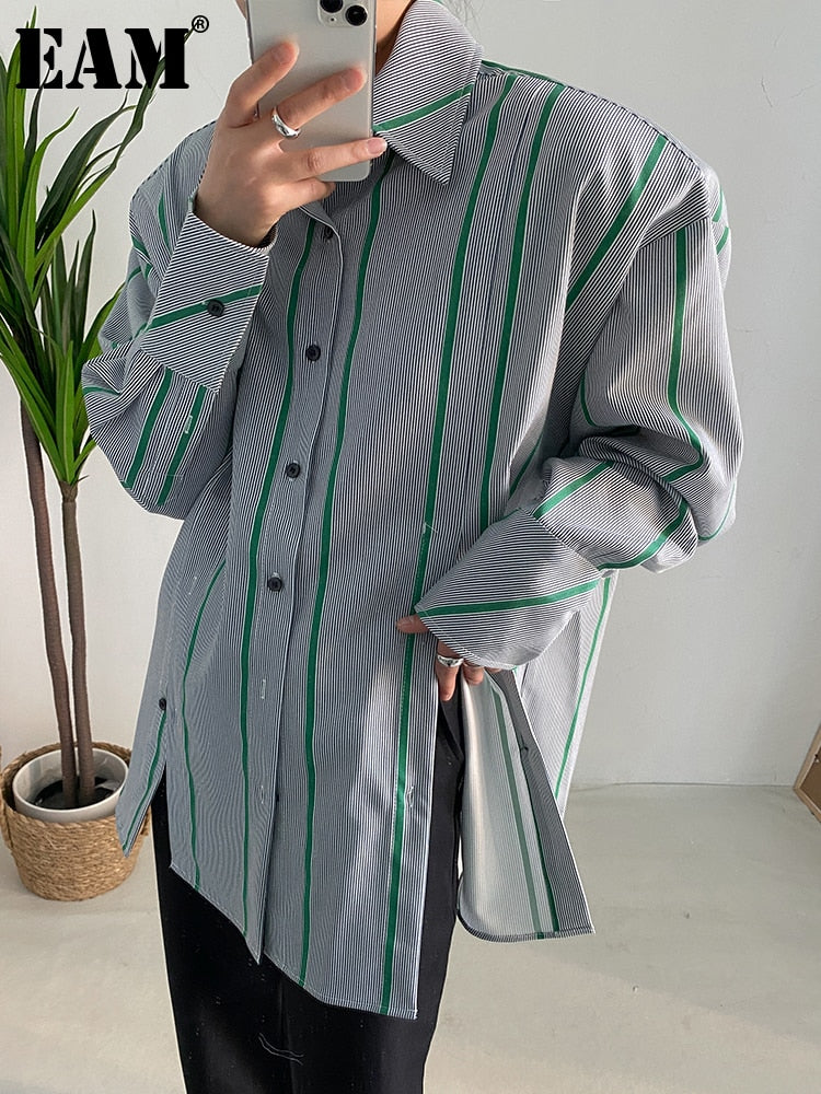 deanwangkt Women Green Striped Slit Big Size Blouse New Lapel Long Sleeve Loose Fit Shirt Fashion Tide Spring Autumn  1DF1473 - Deanwangkt
