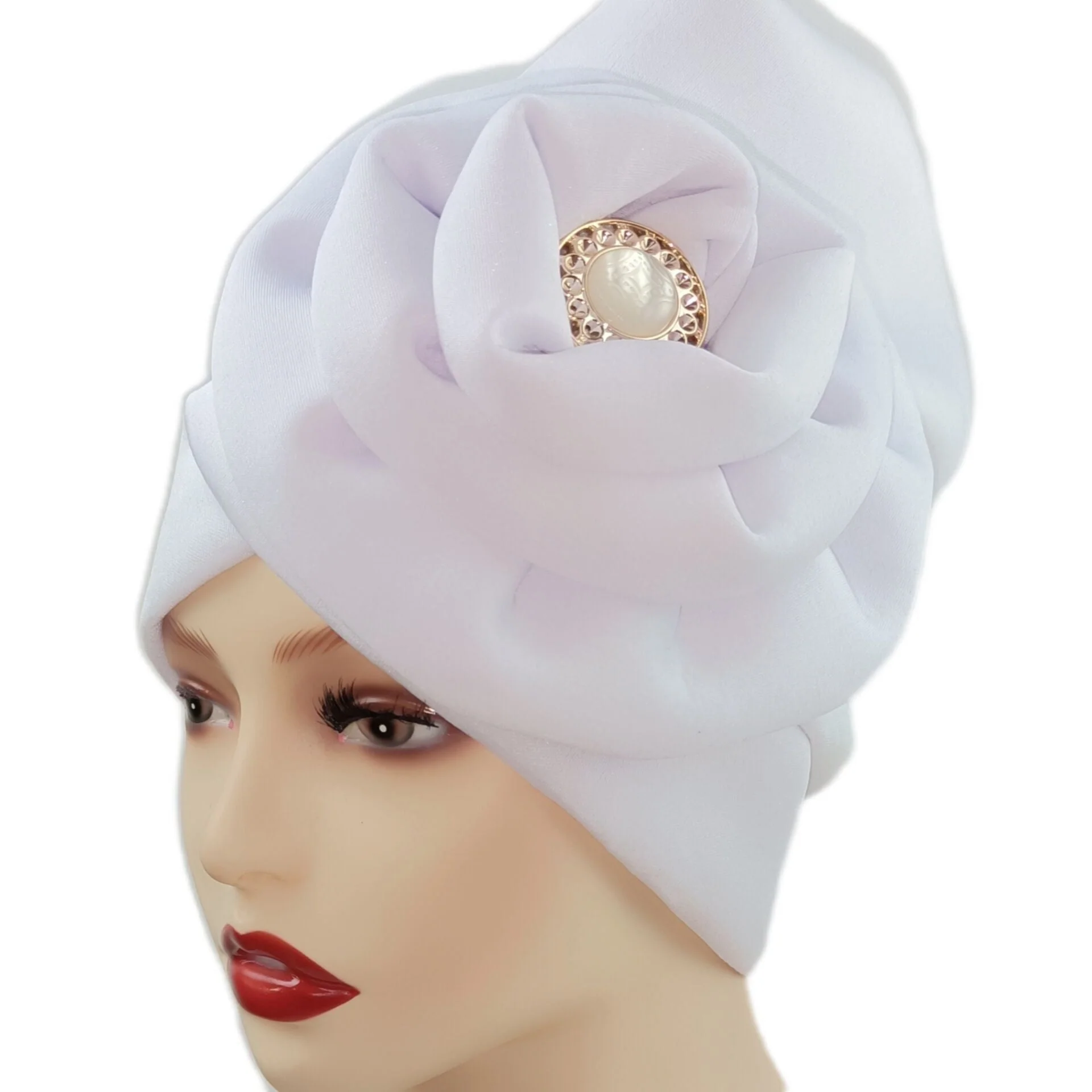 deanwangkt Solid African turban big flower design headtie cap for fashion women headwrap with badge - Deanwangkt