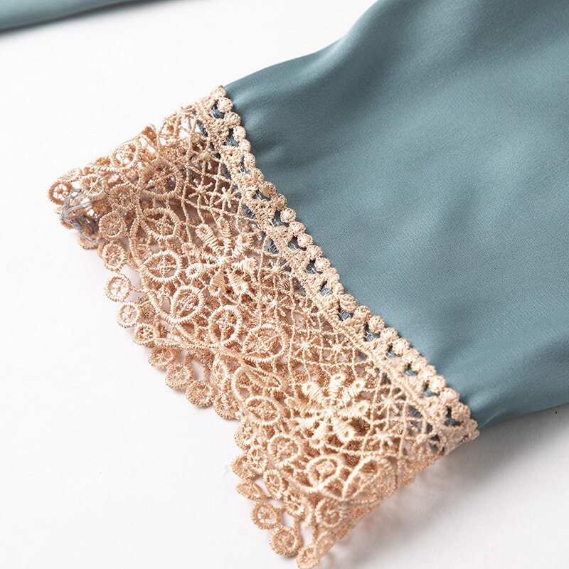 deanwangkt Nightwear Pyjamas Pajamas Set Satin Long Sleeve Women 2 Piece pjs sets Casual Lace Sleepwear Shirt&Pants Silky Intimate Lingerie - Deanwangkt