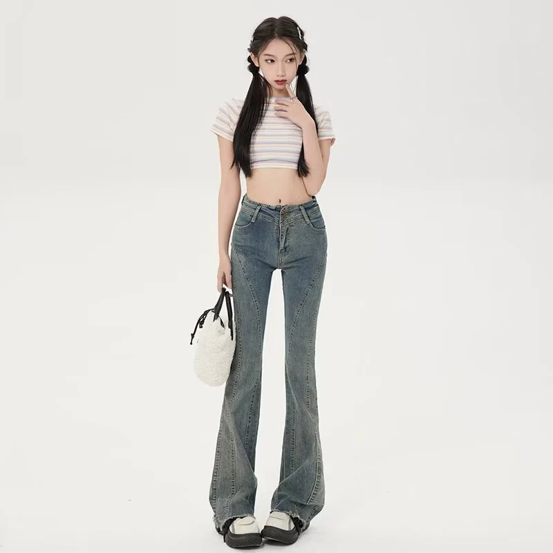 deanwangkt Small American Retro Micro Flared Jeans For Women With A Sense Of Design, Niche High Waisted And Slim, Versatile Floor Mop Pants - Deanwangkt