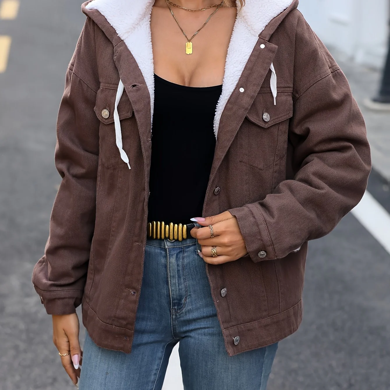 Plain Fleece Liner Hooded Denim Coat, Long Sleeves Drawstring Keep Warm Denim Jacket, Women's Denim Clothing - Deanwangkt