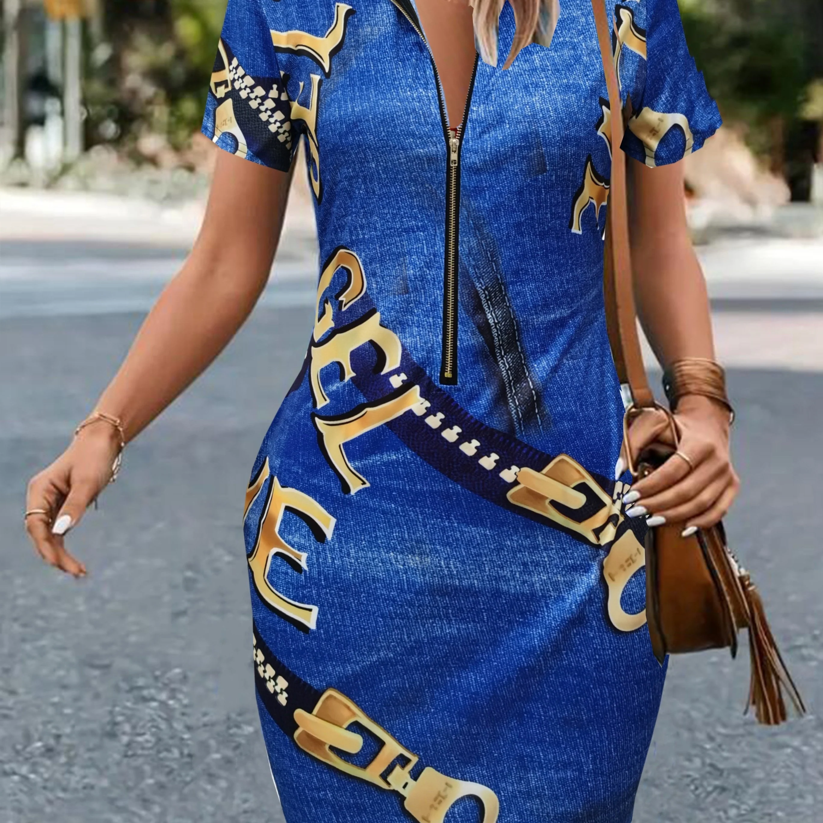 deanwangkt-1 V-neck Zipper Print Slim Dress, Casual Short Sleeve Waist Summer Bodycon Dresses, Women's Clothing - Deanwangkt