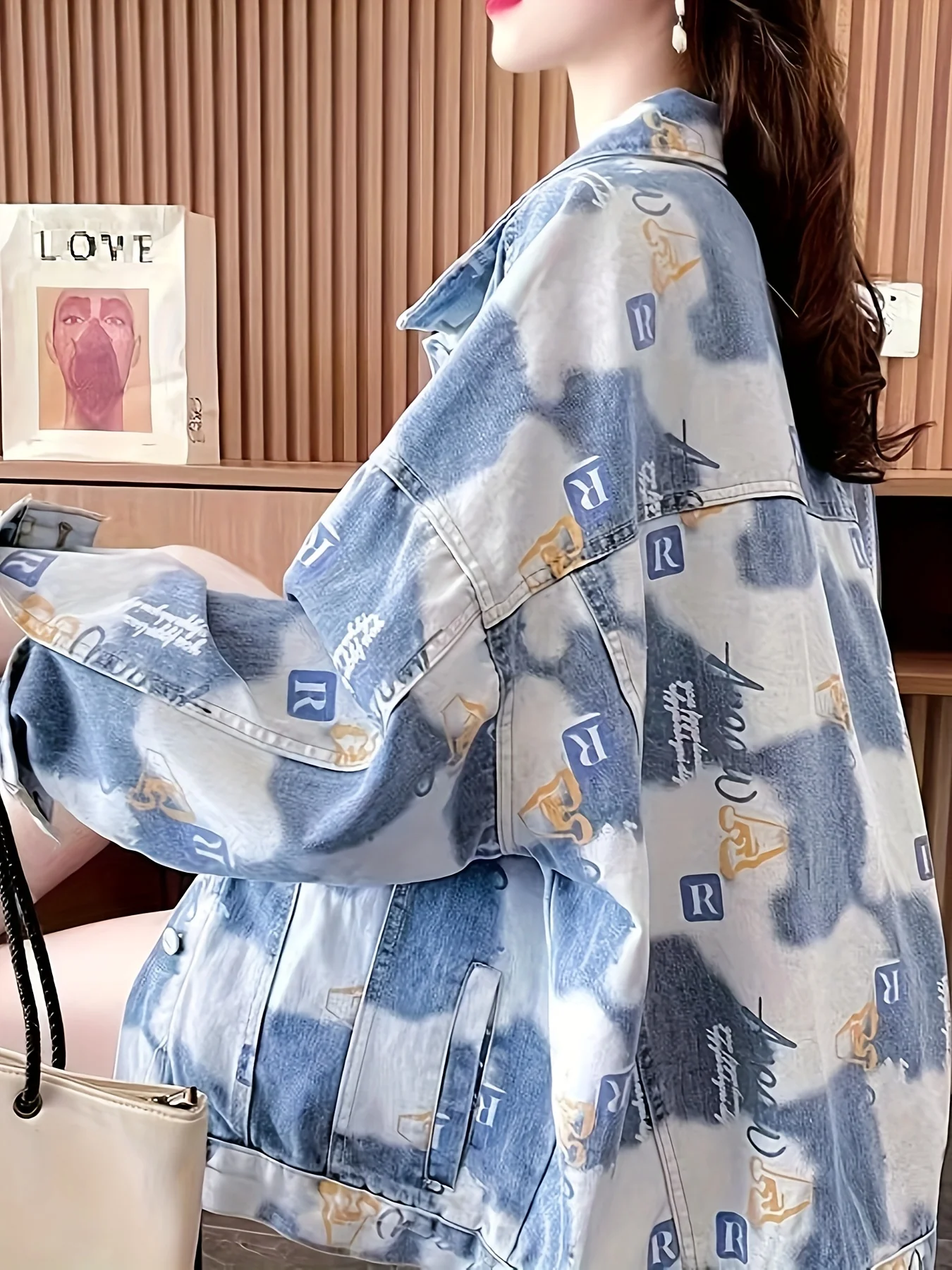deanwangkt-1  Letter Print Acid Washed Boyfriend Style Denim Coat, Flap Chest Pocket Long Sleeve Oversize Denim Jacket, Women's Denim Jeans & Clothing - Deanwangkt