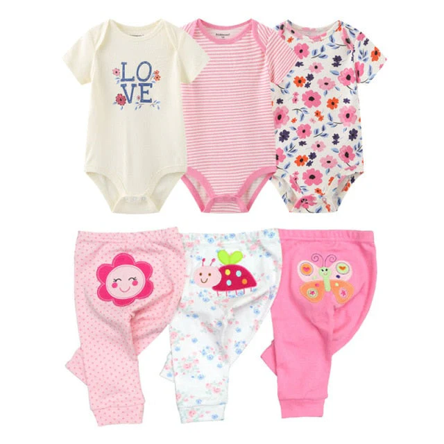 6/9PCS Baby Girl Clothes Newborn Unisex Solid Bodysuits+Pants Cotton Baby Boy Clothes Short Sleeve Girls Baby Clothing Cartoon - Deanwangkt