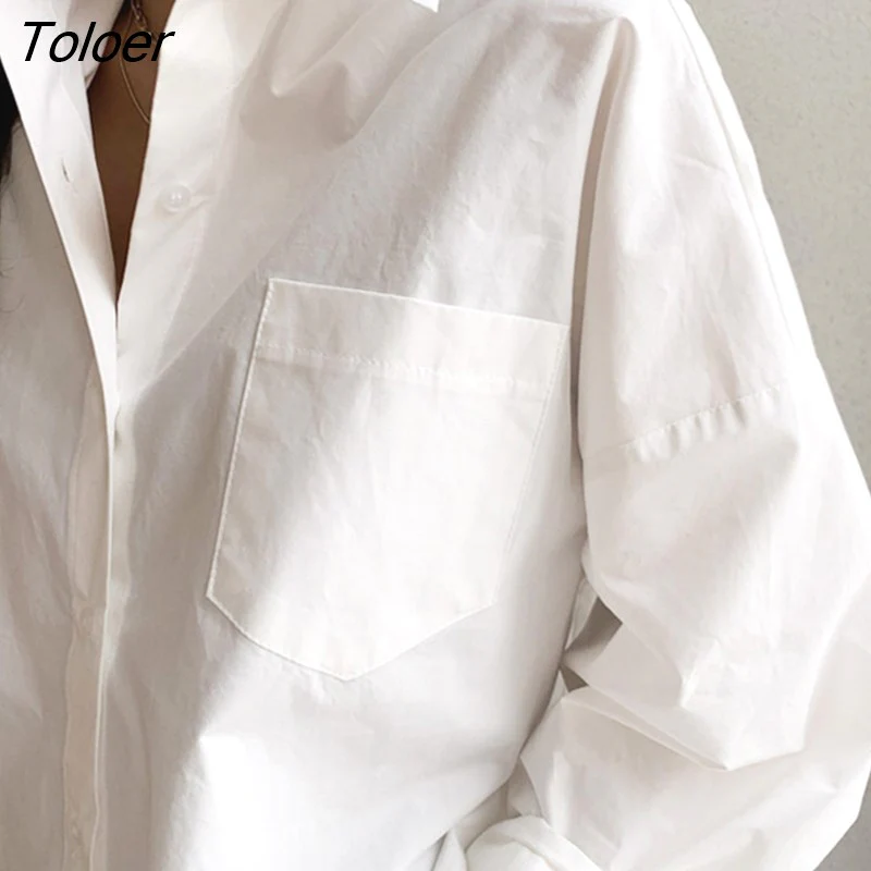 deanwangkt Spring Summer Loose White Shirts Women Fashion Big Pocket Turn Down Collar Woman Blouses  Button Office Blusas Ladies - Deanwangkt