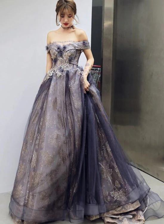 Solvbao Purple Tulle Sweetheart with Flowers Long Formal Gown, A-line Off Shoulder Party Dress - Deanwangkt
