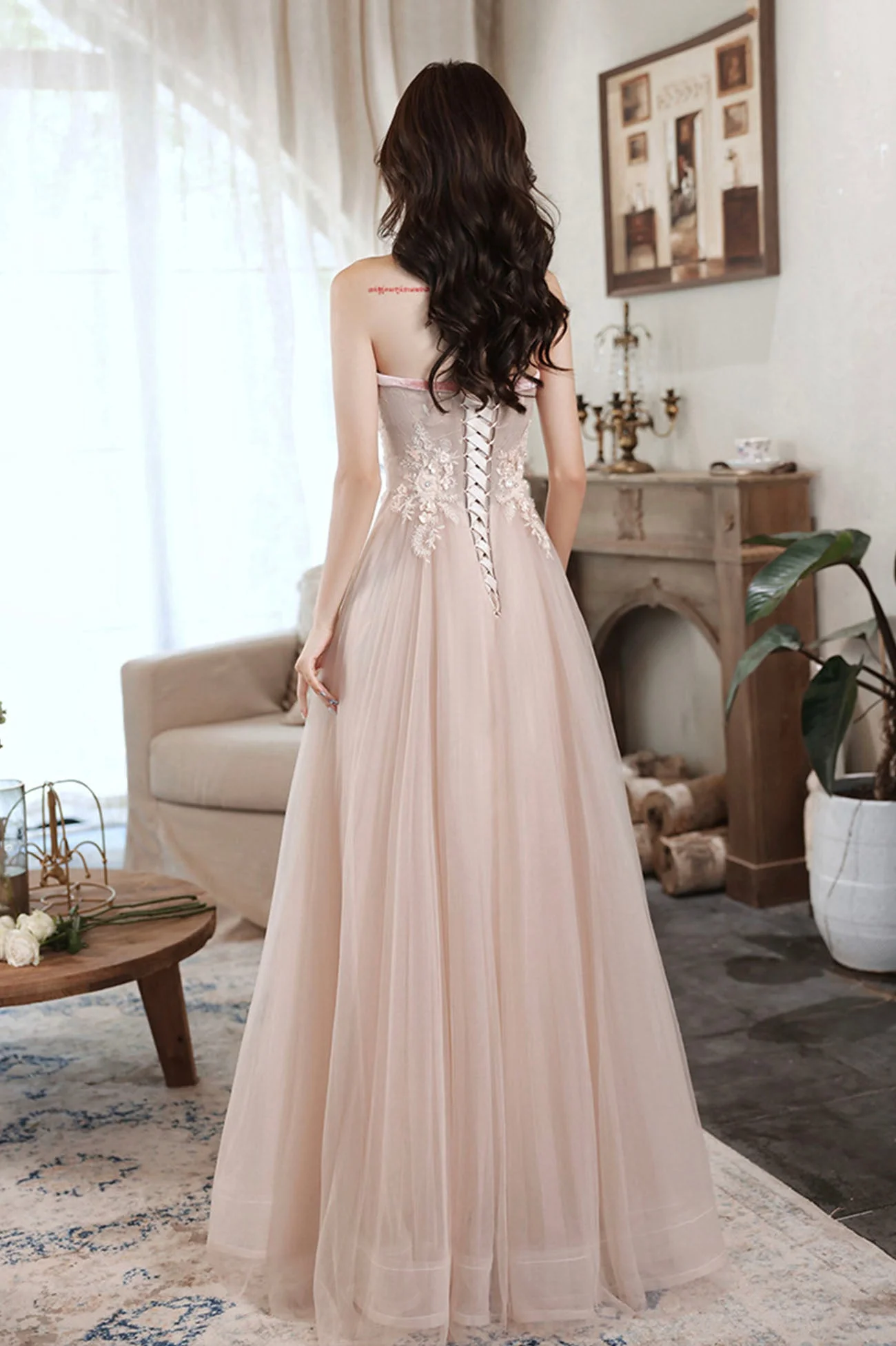 solvbao Pink Strapless Lace Long Prom Dresses, A-Line Evening Dresses - Deanwangkt