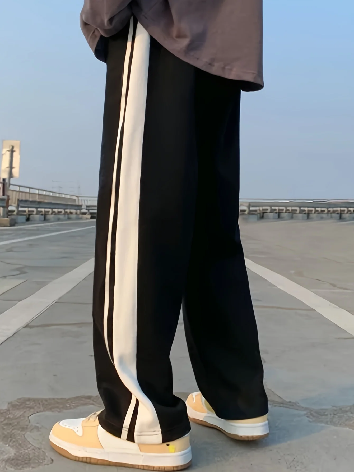 Men's Side Striped Straight Leg Joggers, Casual Stretch Waist Drawstring Comfy Trousers - Deanwangkt