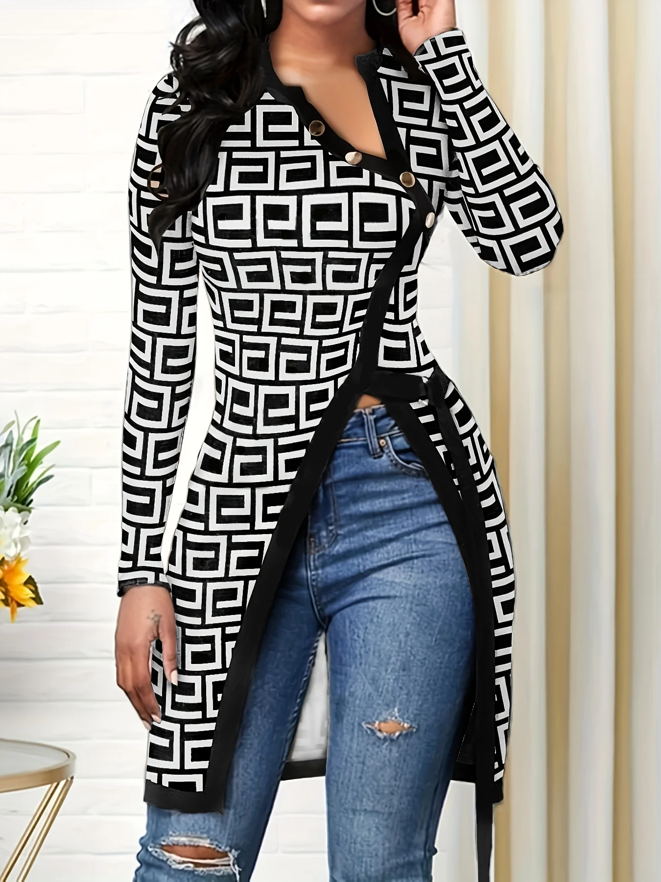 deanwangkt-1 Allover Print Split T-shirt, Casual Asymmetrical Long Sleeve T-shirt, Women's Clothing - Deanwangkt