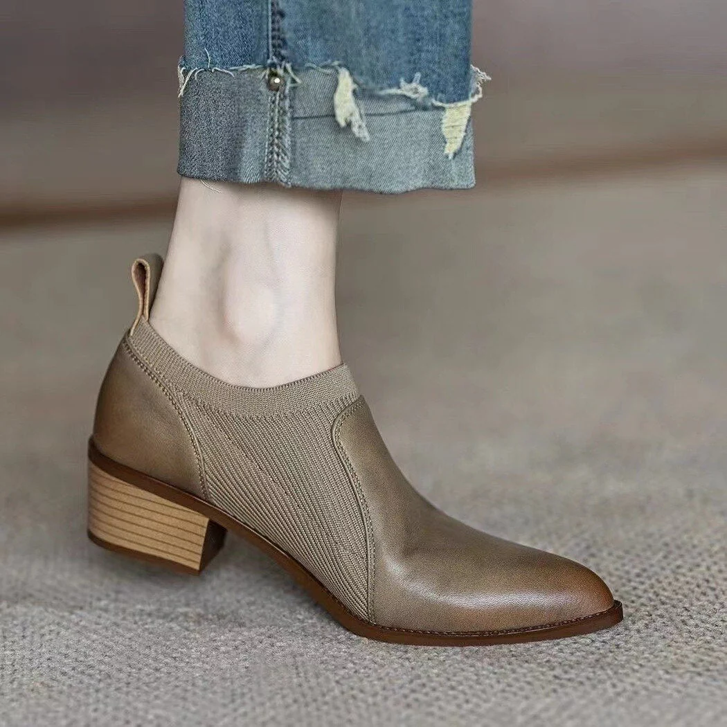 deanwangkt Autumn New Soft Work Shoes,Women Mid Heels,Stretch,Pointed Toe,Slip On British Style - Deanwangkt