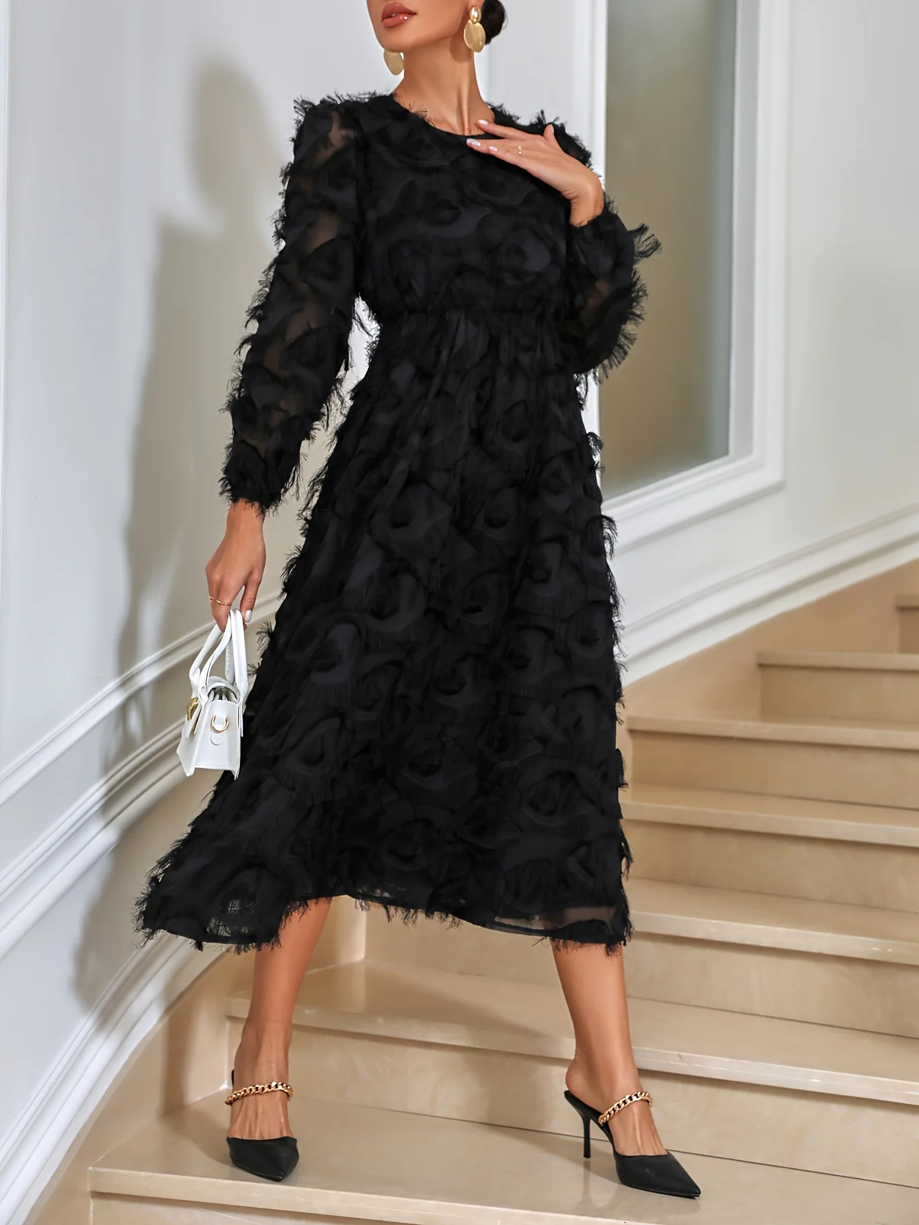 Fuzzy Solid Dress, Elegant Crew Neck Long Sleeve High Waist Dress, Women's Clothing - Deanwangkt