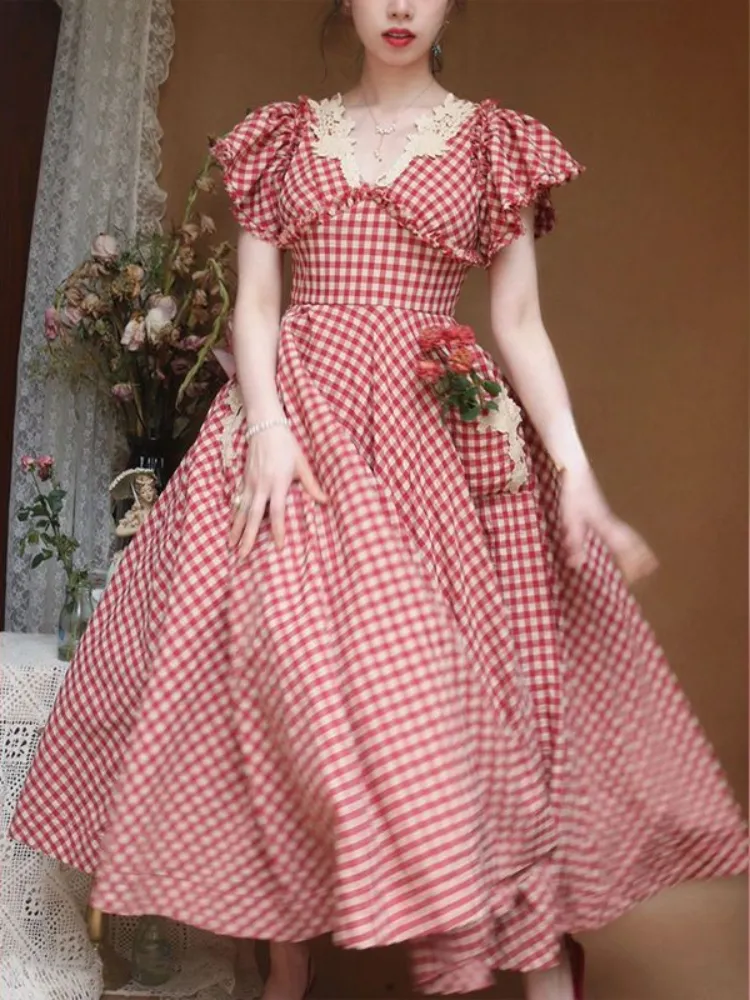 Joskka Elegant Plaid Midi Dress Woman French Style Short Sleeve Dress Even Party Casual Fashion Dress Lace Design  Summer Chic - Deanwangkt