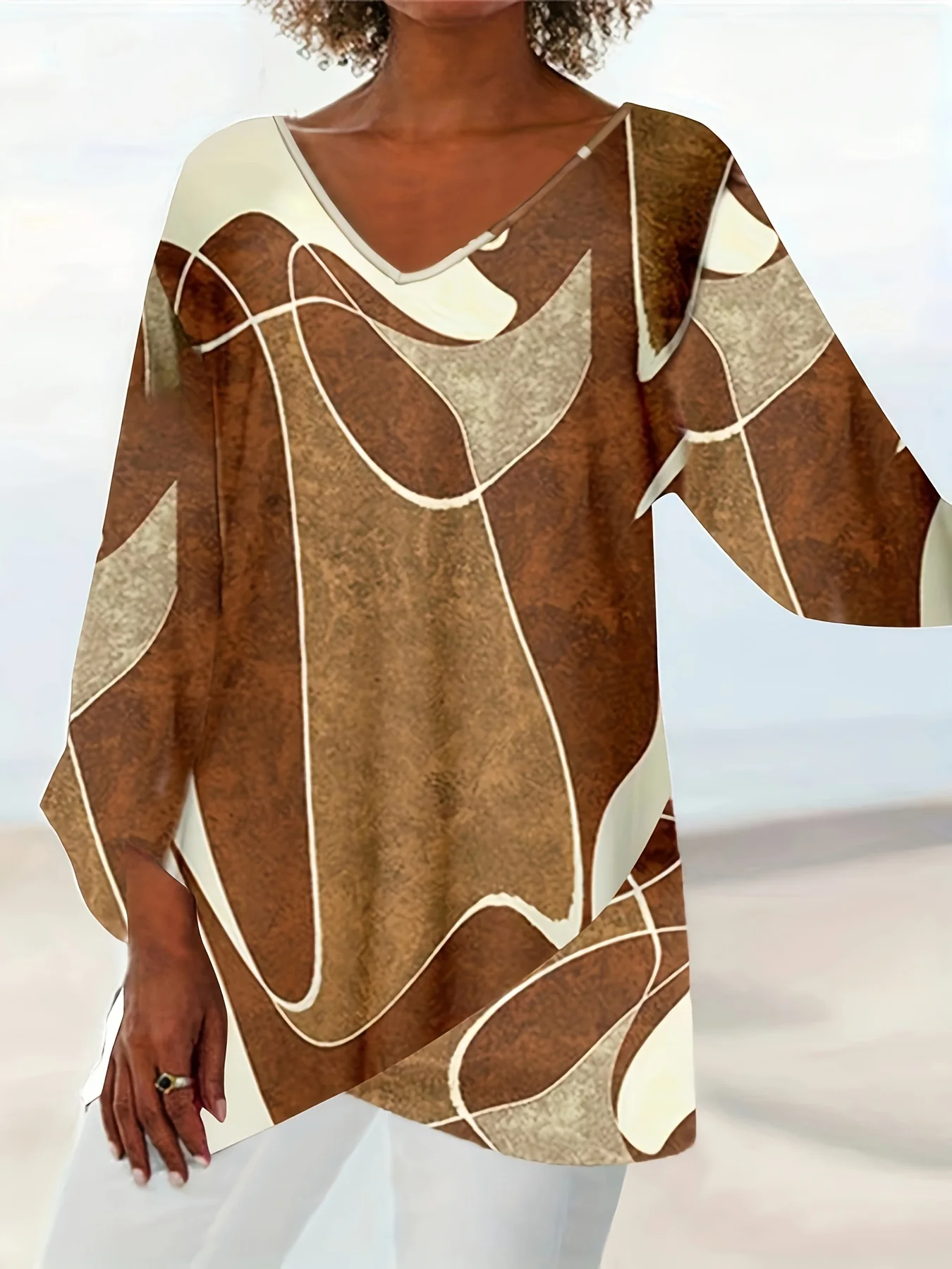 Plus Size Casual Top, Women's Plus Colorblock Random Print Long Sleeve V Neck Asymmetrical Hem Slight Stretch Top - Deanwangkt