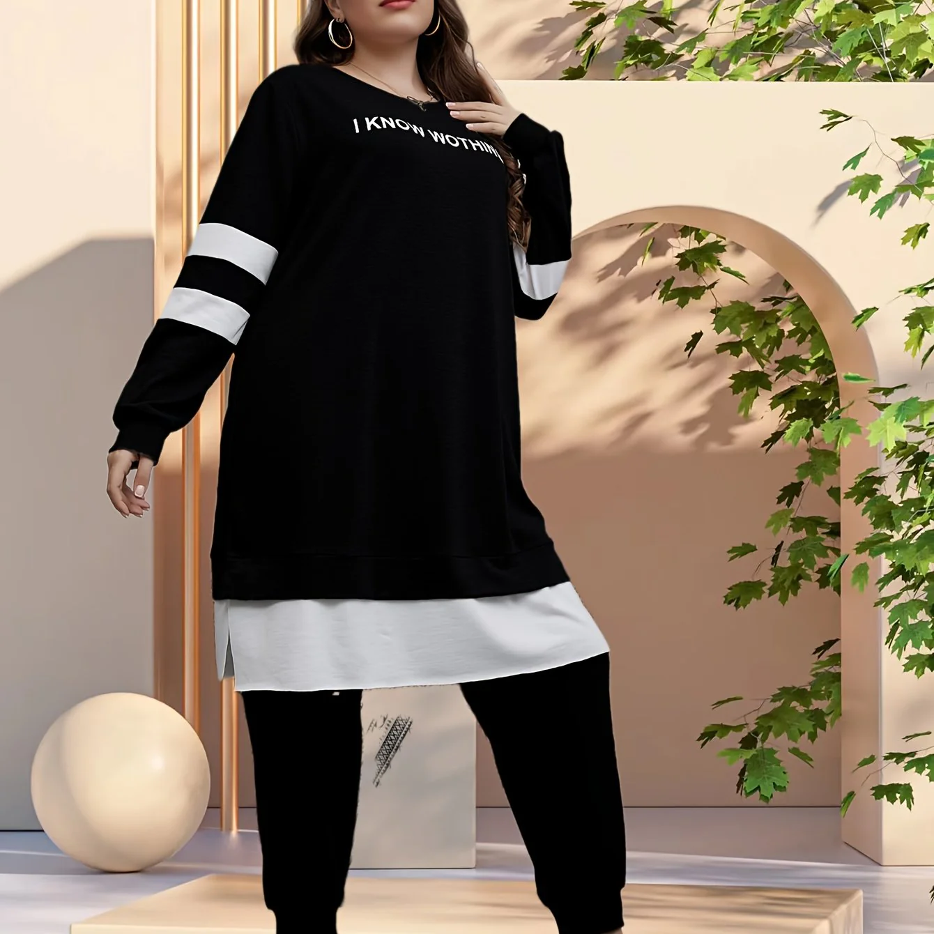 deanwangkt Plus Size Casual Outfits Two Piece Set, Women's Colorblock Slogan Plus Print Long Sleeve Round Neck Long Top & Joggers Outfits 2 Piece Set - Deanwangkt