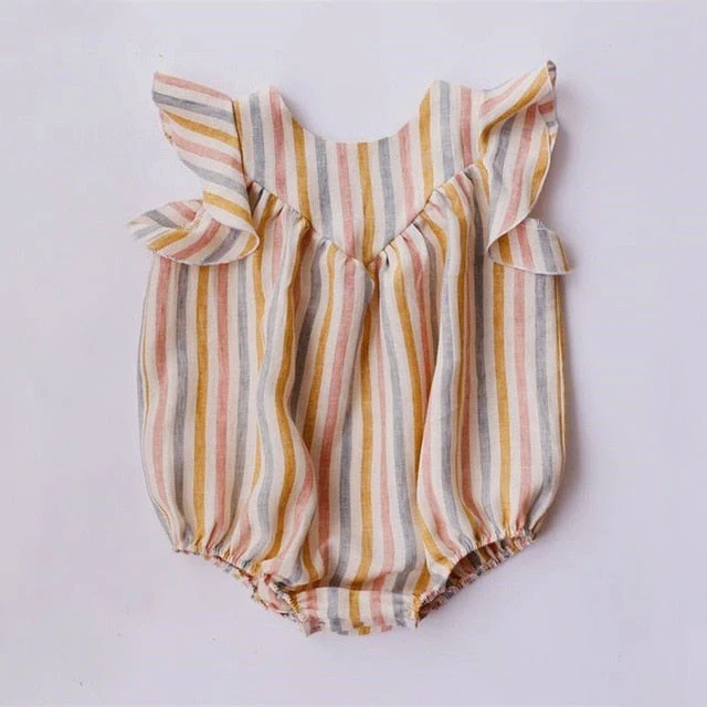 deanwangkt Baby Girl Rompers Summer Newborn Baby Clothes Cotton Linen Solid Color Stripe Baby Girl Clothing For 0-24M - Deanwangkt