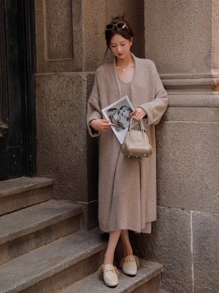 deanwangkt  New Women's Autumn and Winter Thickened Comfortable Loose Long Sweater Jacket Knitted Dress Two Piece Autumn and Winter Set - Deanwangkt