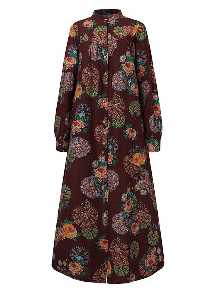 deanwangkt Women Retro Floral Print O-neck Button Robe Shirt Maxi Dress With Pocket - Deanwangkt
