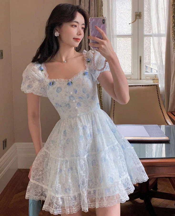 deanwangkt  Floral Lace Korean Sweet Dress Women France Vintage Elegant Party Mini Dresses Female Print Casual Beach Boho Fairy Dress Summer - Deanwangkt