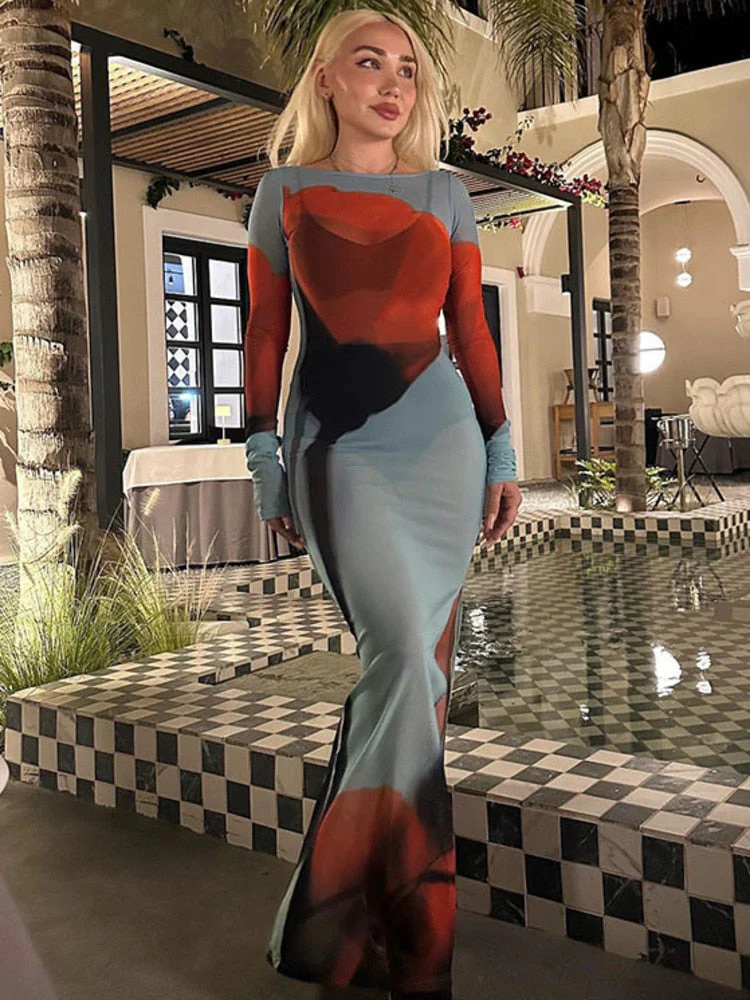 deanwangkt Women Mesh Side Split Longsleeve Dress Chic See Through Print Floral See Through Maxi Dress Ladies Beach Holiday Robe - Deanwangkt