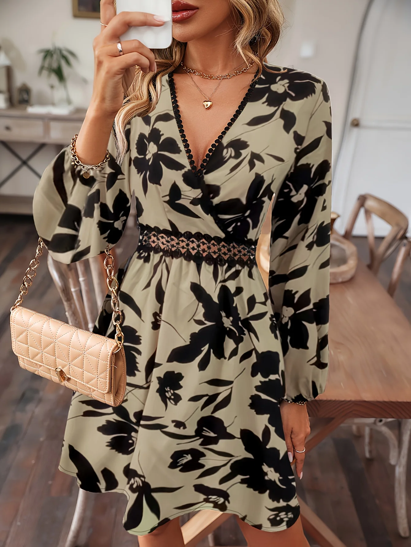 Floral Print Surplice Neck Dress, Elegant Long Sleeve A Line Dress, Women's Clothing - Deanwangkt