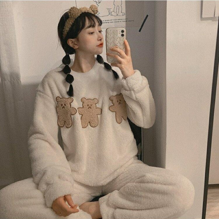 deanwangkt Winter Warm Flannel Women Pyjamas Sets Thick Coral Velvet Long Sleeve Cartoon Sleepwear Thin Flannel Pajamas Set Sleep Wear - Deanwangkt