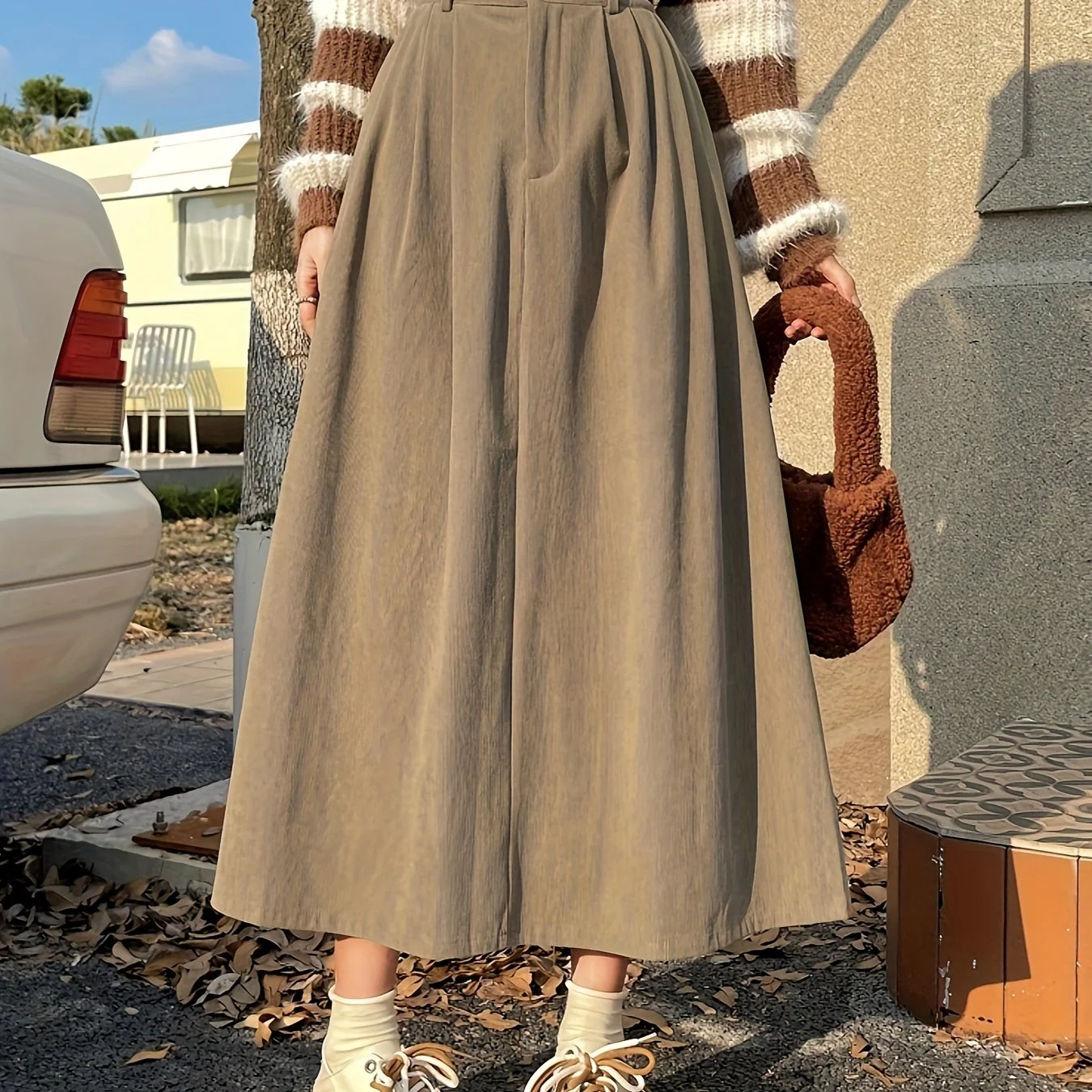 deanwangkt  Solid Flared Skirt, Casual High Waist Midi Skirt With Belt, Women's Clothing - Deanwangkt