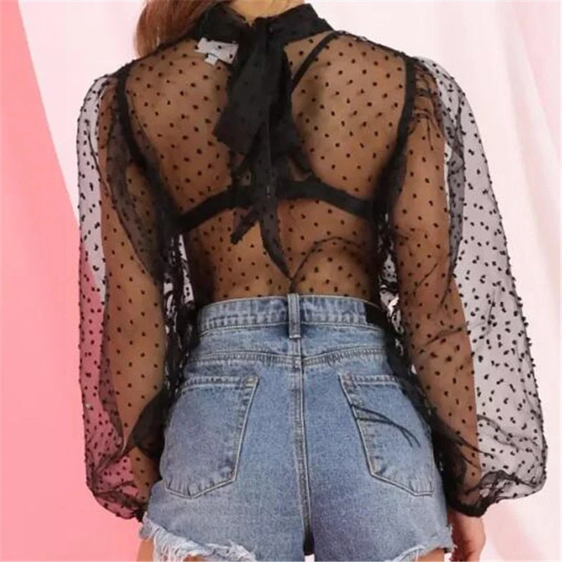 deanwangkt Women Mesh Puff Sleeve Tops Shirt New Summer Spring Ladies Sexy Casual Perspective Blouse Tops See Through Female Blusas - Deanwangkt