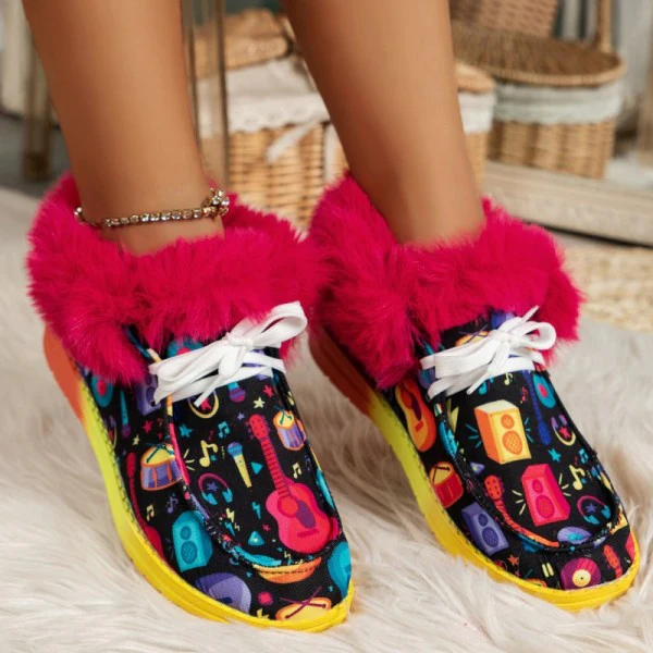 deanwangkt - Black Casual Patchwork Frenulum Printing Round Keep Warm Comfortable Out Door Shoes - Deanwangkt
