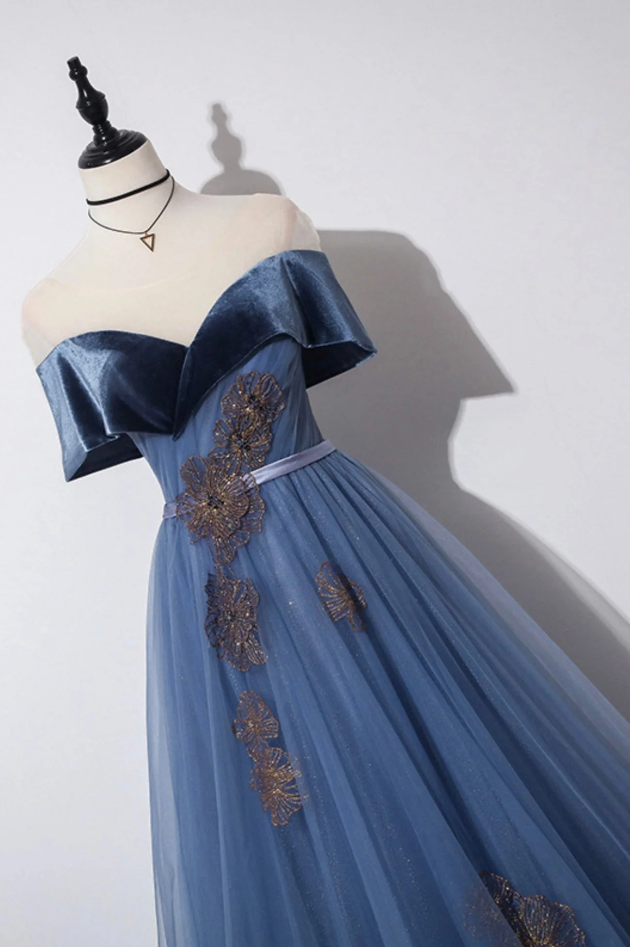 solvbao Blue Velvet Tulle Long Prom Dresses, Off the Shoulder Evening Dresses - Deanwangkt