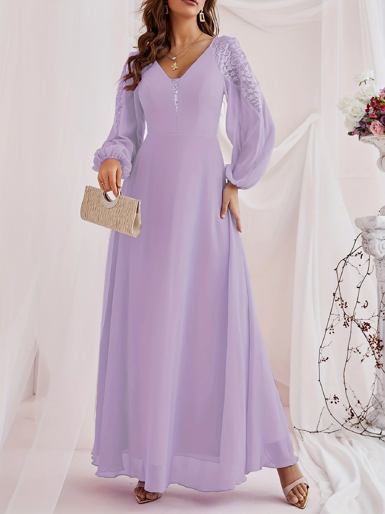 Solid Contrast Lace Dress, Elegant V Neck Long Sleeve Maxi Dress, Women's Clothing - Deanwangkt