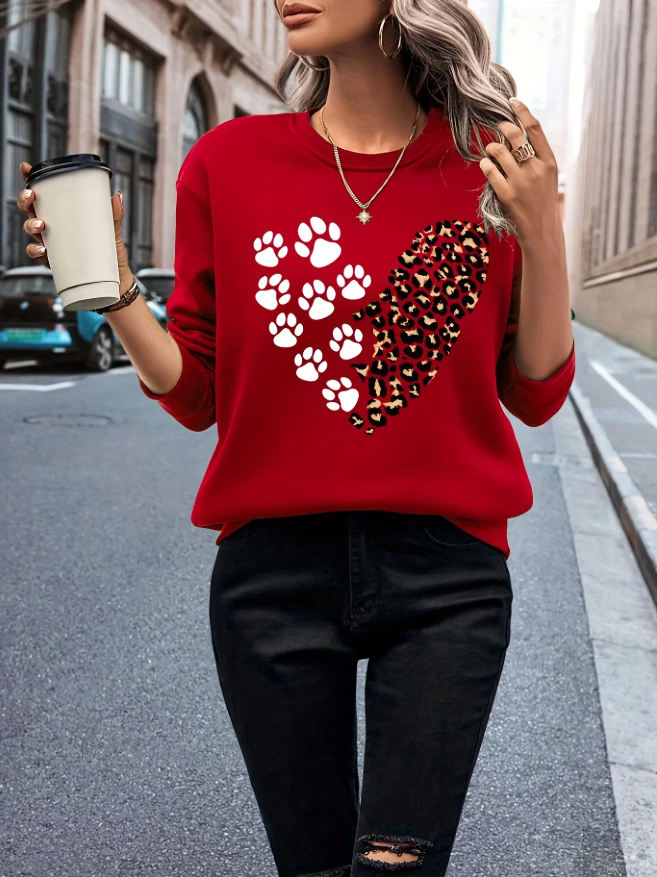 deanwangkt Leopard & Paw Print Pullover Sweatshirt, Casual Long Sleeve Crew Neck Sweatshirt For Fall & Winter, Women's Clothing - Deanwangkt