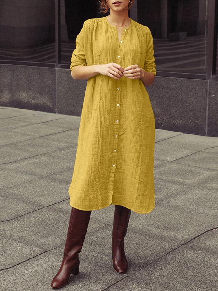 deanwangkt Casual Solid Plain Long Sleeve Button Cotton Shirt Dress - Deanwangkt