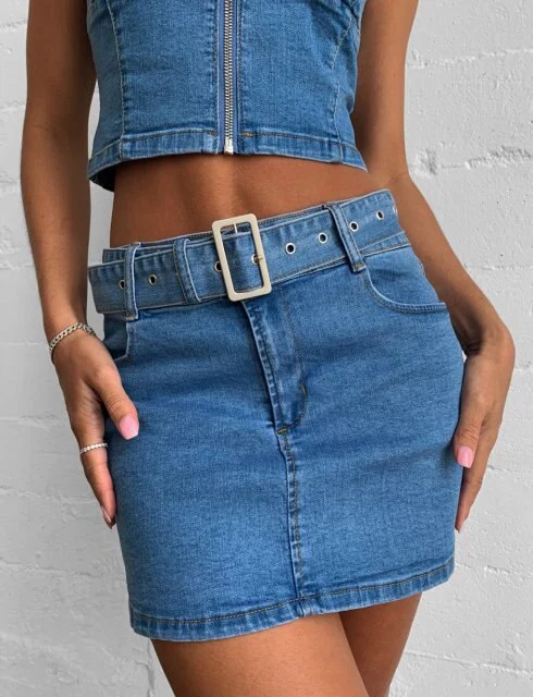 deanwangkt Summer Blue Denim Two Pieces Skirts Sets Women Jeans Streetwear Low Cut Straps Bustier Crop Tops+Mini Bodycon Skirts Club Sets - Deanwangkt